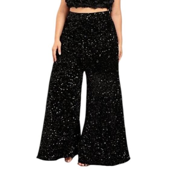 Faeriesty Wide Leg Sequin Pants Velour Black Lined Plus Size  4XL - Picture 1 of 10